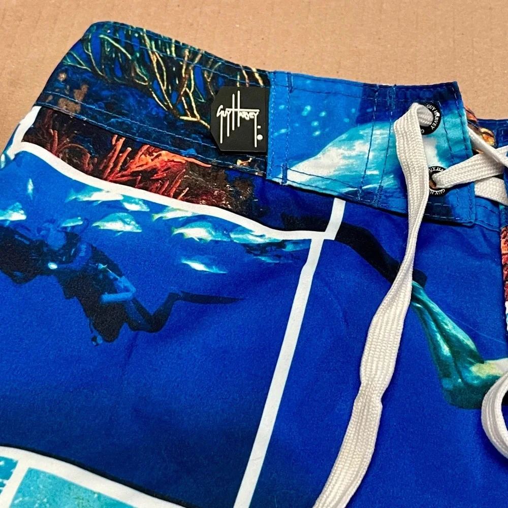 Guy Harvey AFTCO Bluewater Men's Board Shorts Size 30 Blue Marlin Photo Collage